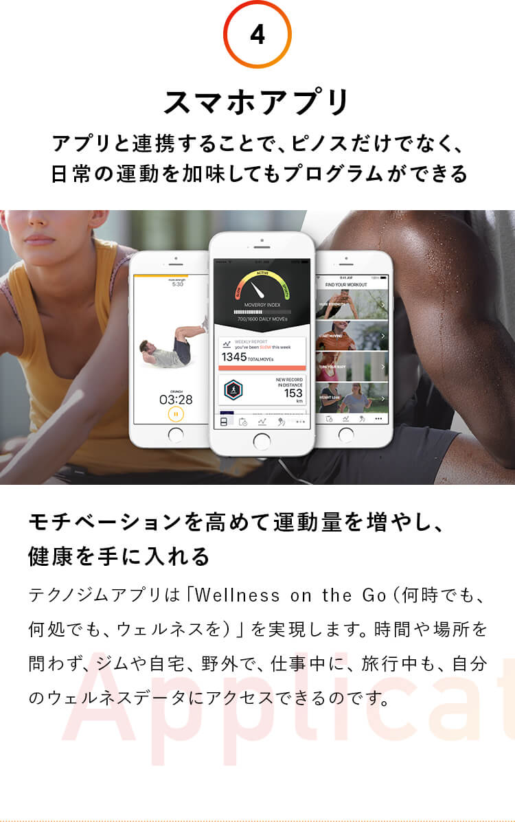 4.スマホアプリ：アプリと連携することで、ピノスだけでなく、 日常の運動を加味してもプログラムができる。モチベーションを高めて運動量を増やし、健康を手に入れる。テクノジムアプリは「Wellness on the Go（何時でも、何処でも、ウェルネスを）」を実現します。時間や場所を問わずジムや自宅、野外で、仕事中に、旅行中も、自分のウェルネスデータにアクセスできるのです。